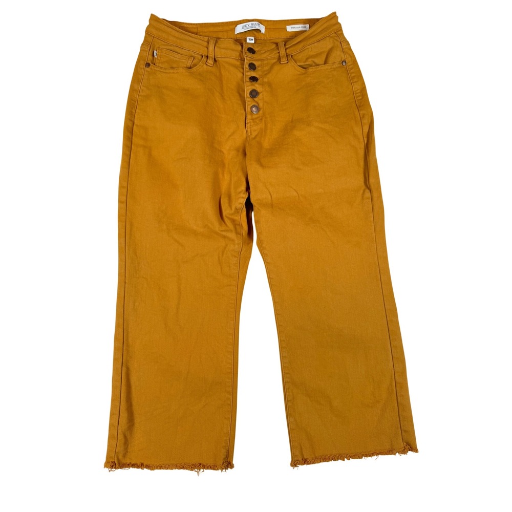 Judy Blue Mustard Yellow Wide Leg Crop Button Fly Raw Hem Jeans 16W